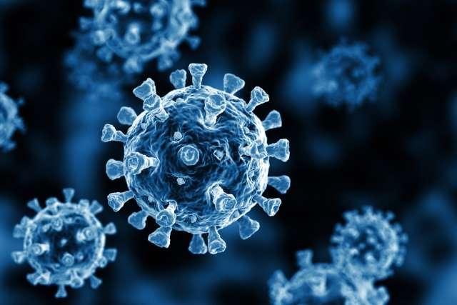 一组带有蓝色背景的浮动病毒- 3D插图