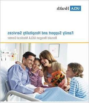 Ronald Reagan UCLA Medical Center Family Support and Hospitality Services brochure cover showing a happy family with flowers in hospital room